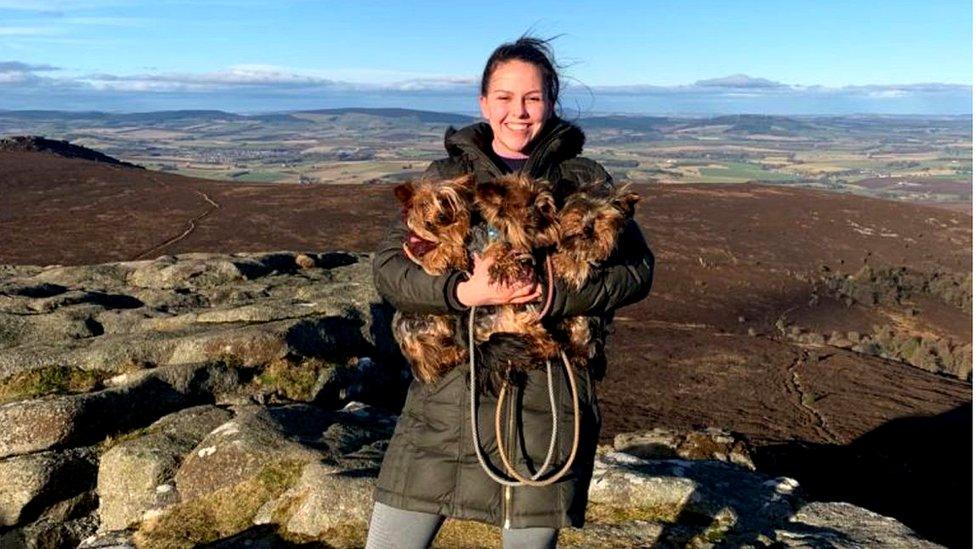 Lucy Gordon with her dogs Junior, Maggie and Bear