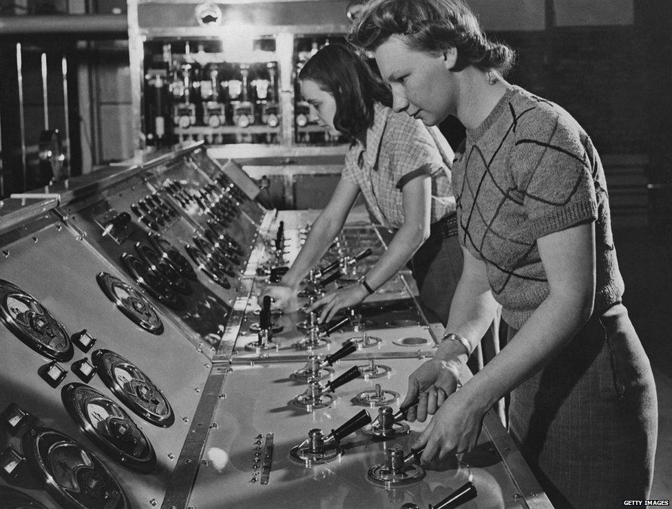 Women operating a television transmitter