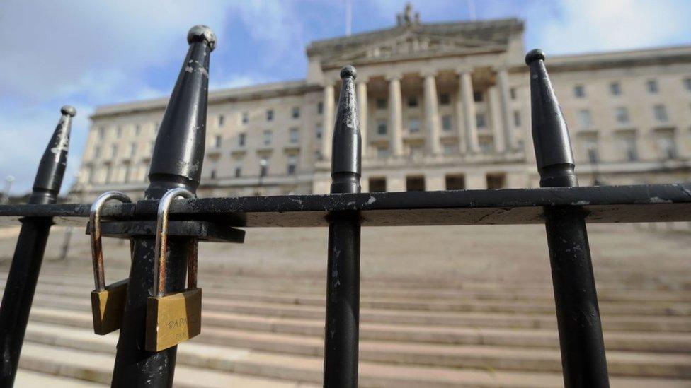 General view of the locked gates at Stormont in Belfast