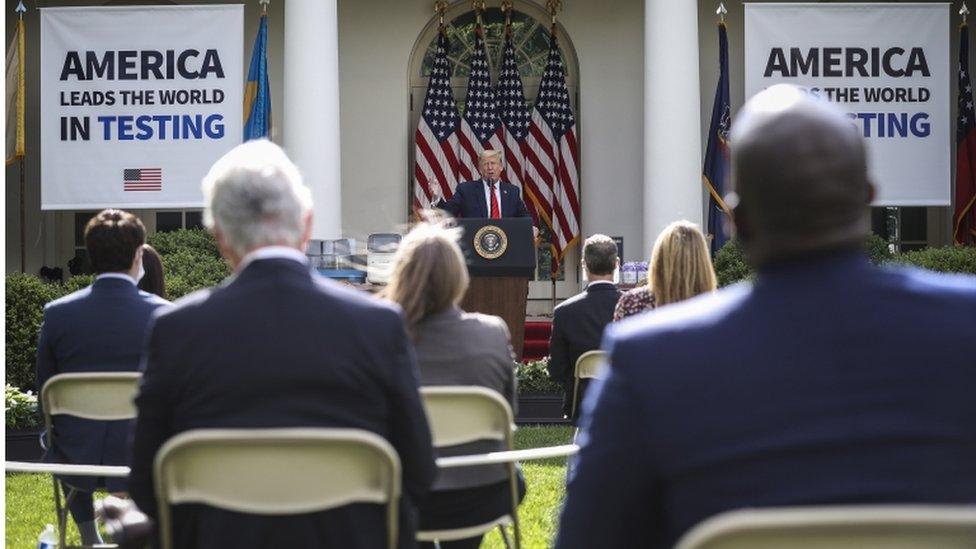 US President Donald Trump speaks during a briefing on coronavirus testing in the Rose Garden of the White House