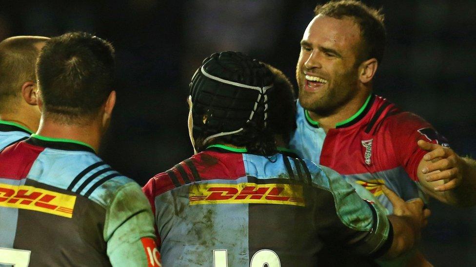 Jamie Roberts celebrates his try with Harlequins team-mates