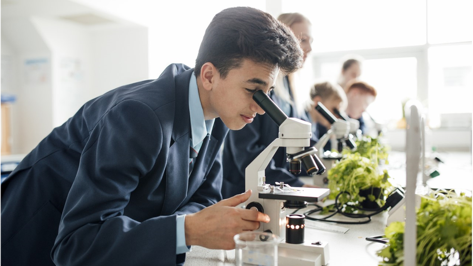 A student looking down a microscope