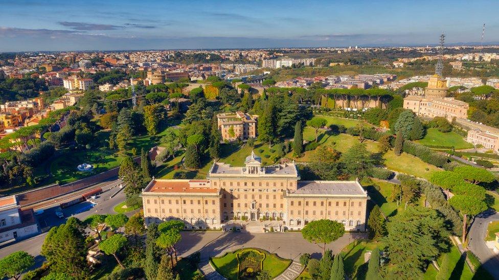 The Vatican Garden and the Palace of the Governor (Italian: Palazzo del Governatorato) are seen from the dome of St Peter's Basilica on November 1, 2017 in Vatican City, Vatican.