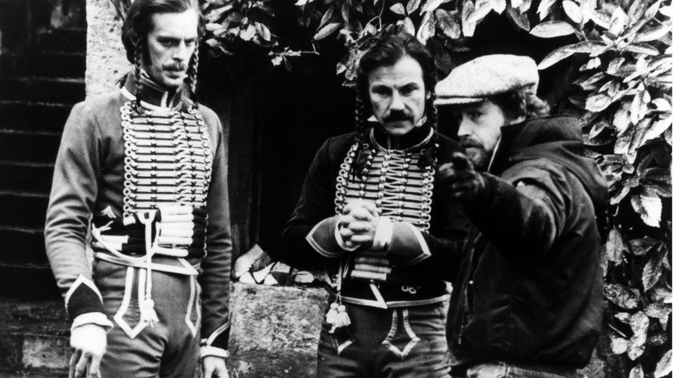 Ridley Scott's first film, The Duellists in 1977, was set during the Napoleonic Wars (seen here on set with Keith Carradine and Harvey Keitel)