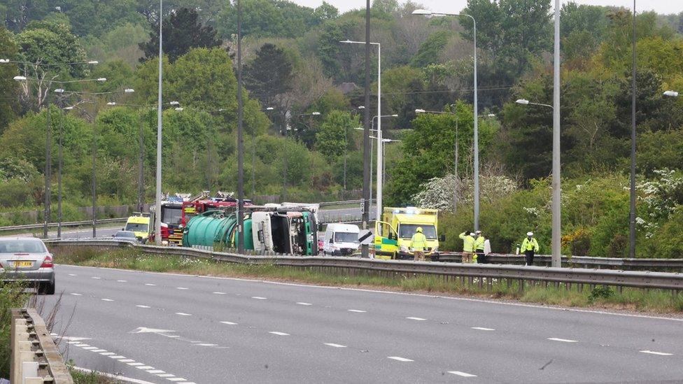 Sewage tanker on its side