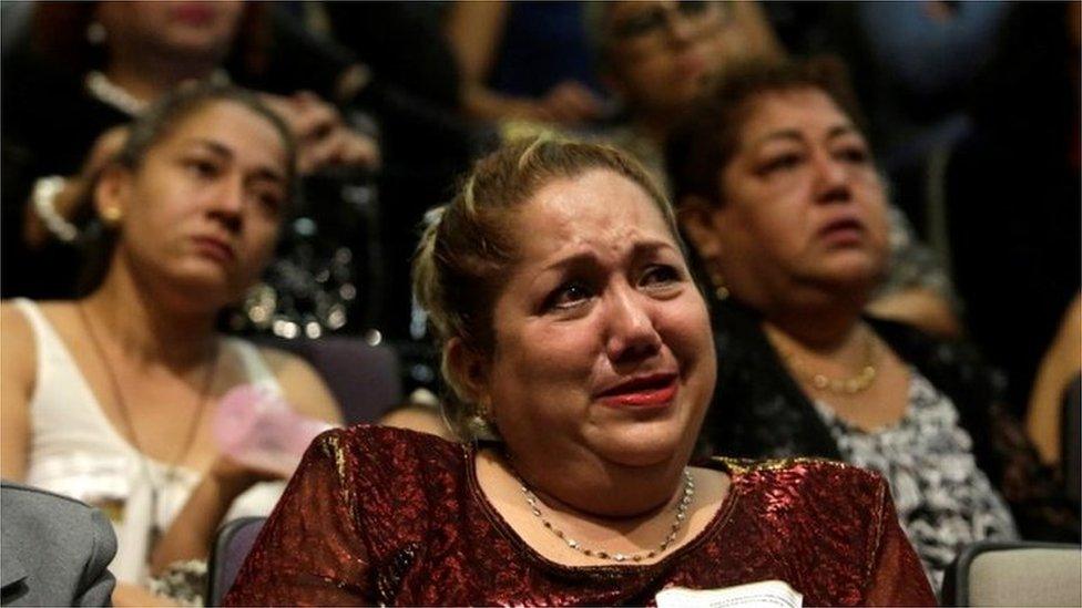 Relative of five youths killed in 2016 reacts during a public apology by the Veracruz state government, in Mexico City, Mexico March 4, 2019