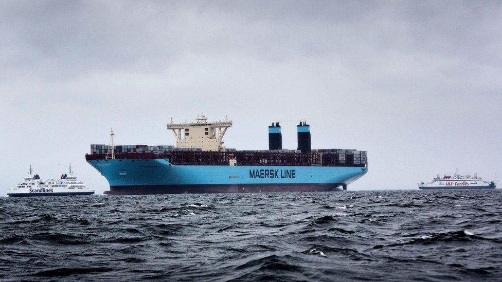 A container vessel operated by Danish shipping group Maersk Tankers near Helsingor, Denmar, 2013