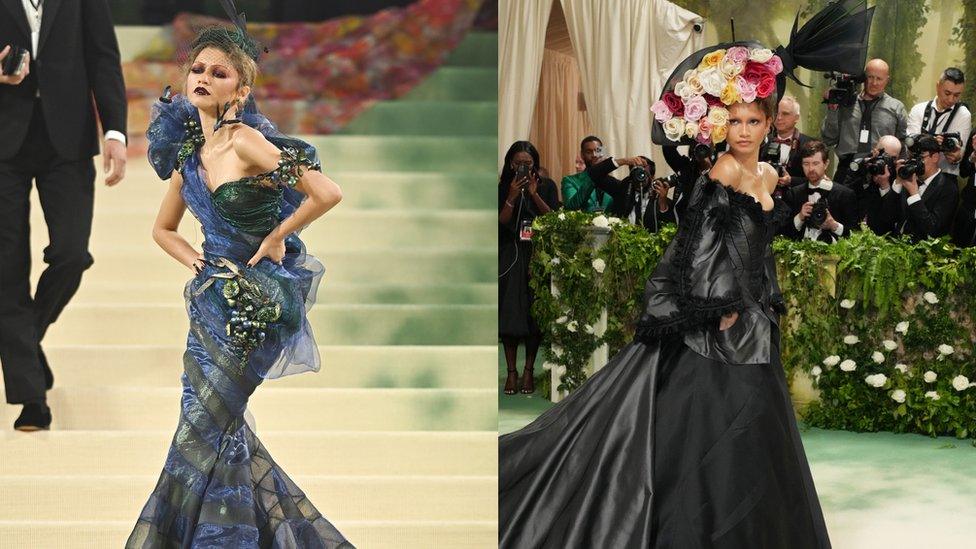 Two pictures of Zendaya in different outfits on the Met Gala red carpet