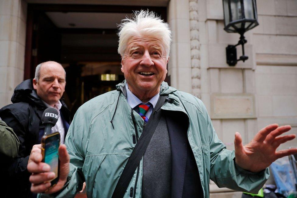 Stanley Johnson, father of Britain's Prime Minister Boris Johnson, leaves the Millbank broadcast studios near the Houses of Parliament on September 24, 2019