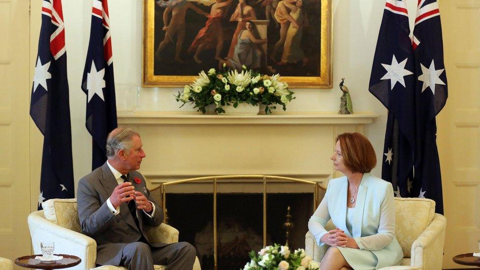 Photo from 2012 showing the Prince of Wales meeting the then Australian Prime Minister Julia Gillard at Government House in Canberra, Australia.