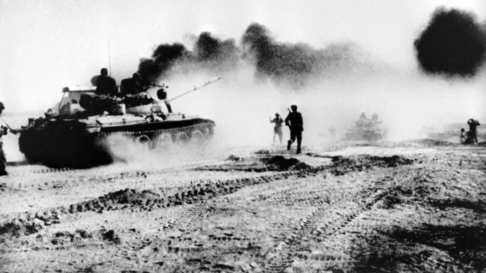 Iraqi troops riding in Soviet-made tanks trying to cross the karun river Northeast of Khorramshahr