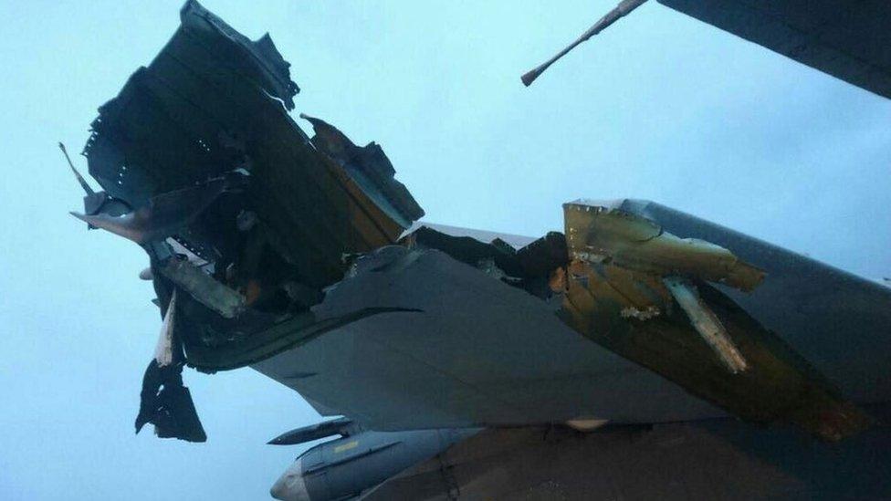 The damaged tail of a jet. Anonymous photo via Roman Saponkov