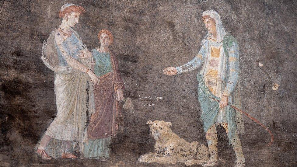 An ancient wall painting showing Paris and Helen of Troy, famous in Greek myths and legends