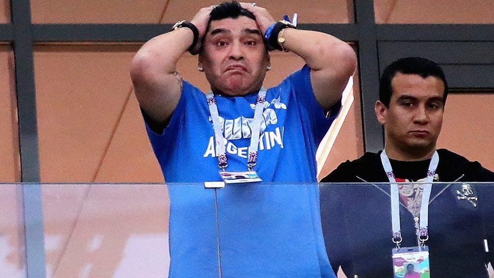 Former Argentina player Diego Maradona looks on during the World Cup match between Argentina and Croatia at Nizhny Novgorod Stadium on June 21, 2018