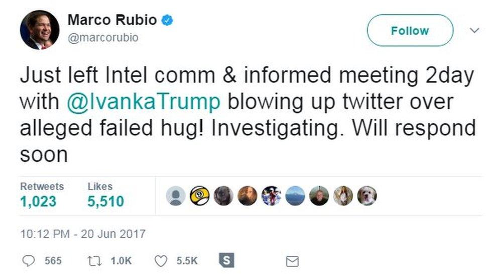 Just left Intel comm & informed meeting 2day with @IvankaTrump blowing up twitter over alleged failed hug! Investigating. Will respond soon