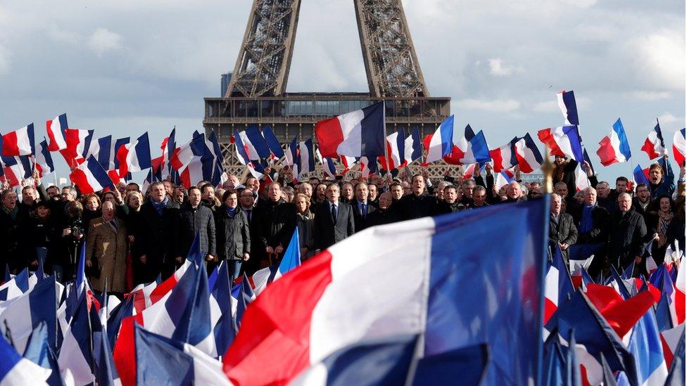 Francois Fillon, former French prime minister, member of The Republicans political party and 2017 presidential election candidate of the French centre-right, attends a meeting at the Trocadero square across from the Eiffel Tower in Paris, France, March 5, 2017