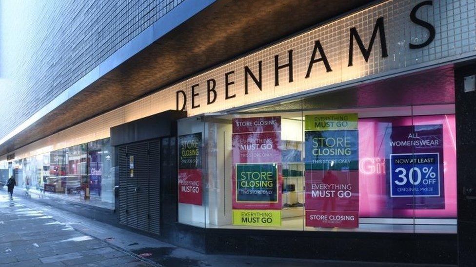 Debenhams store in Oxford Street advertising its closing down sale in December 2020