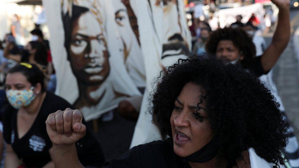 Protesters against police violence and racism in Sao Paulo, Brazil, July 4, 2020.