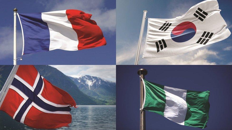 French, South Korean, Norwegein and Nigerian flags