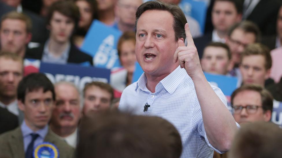 David Cameron addresses his campaign rally for the General Election at the Harris & Hetherington Livestock Mart on 6 May 2015