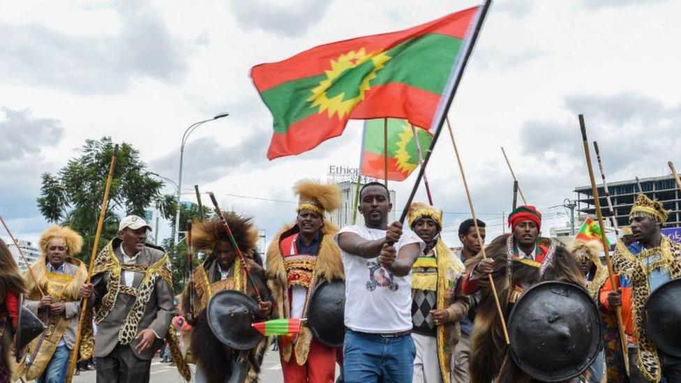 Oromo people gather to celebrate the return of the formerly banned anti-government group the Oromo Liberation Front (OLF) at Mesqel Square in Addis Ababa, Ethiopia - 15 September 2018