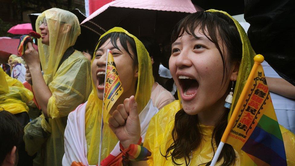 Same-sex marriage supporters outside the Legislative Yuan in Taipei