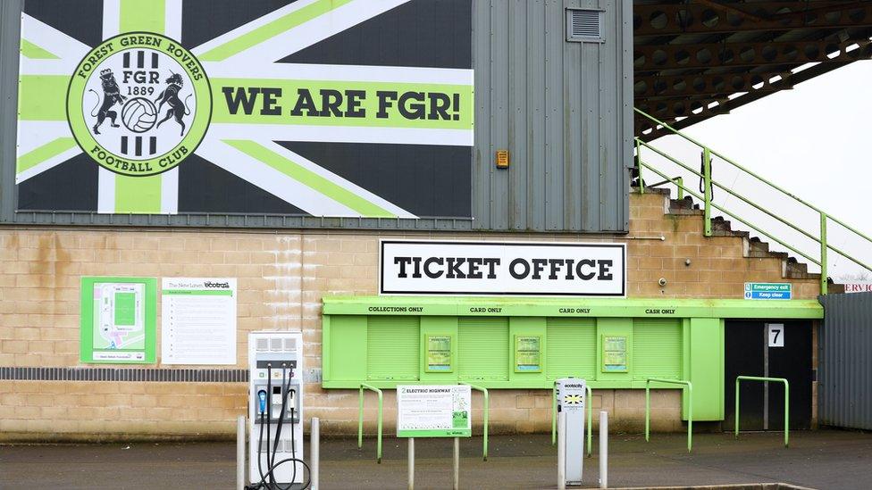 Electrical vehicle charging points outside the main grandstand at New Lawn Stadium home of Forest Green Rovers