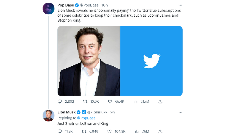 A screenshot of Elon Musk's tweet saying he has paid for Twitter Blue subscriptions for William Shatner, LeBron James and Stephen King