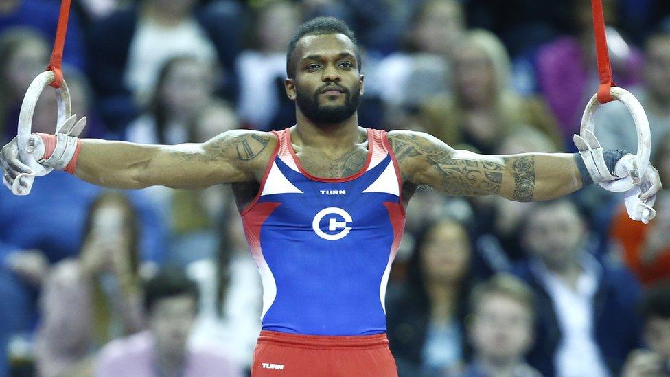 Courtney Tulloch on the Men's Rings during The Superstars of Gymnastics at 02 Arena, London, England on 23 Mar 2019.