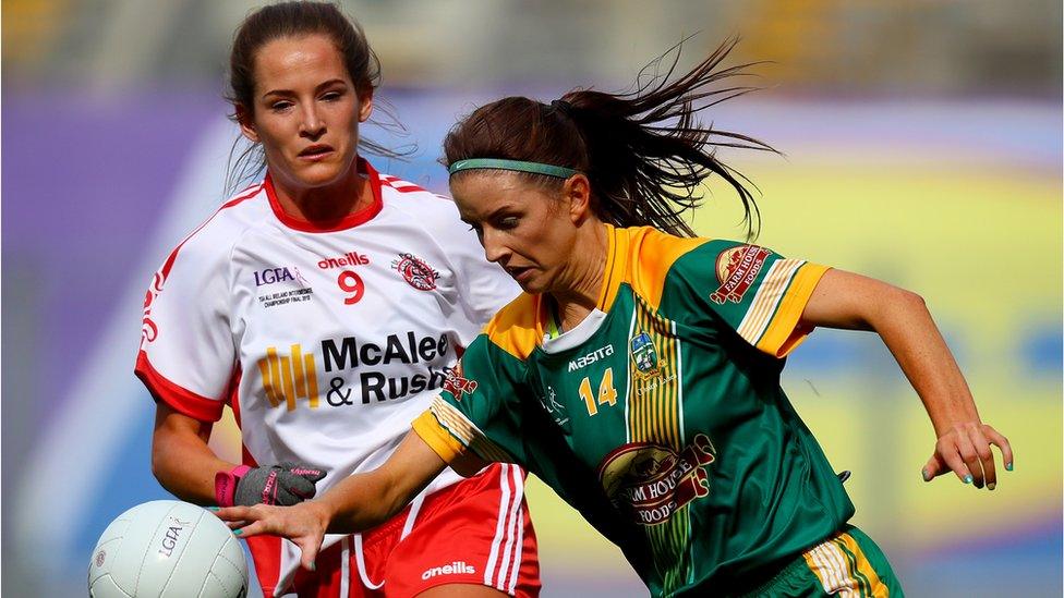 Emma Jane Gervin of Tyrone closes in on Meath opponent Niamh O'Sullivan