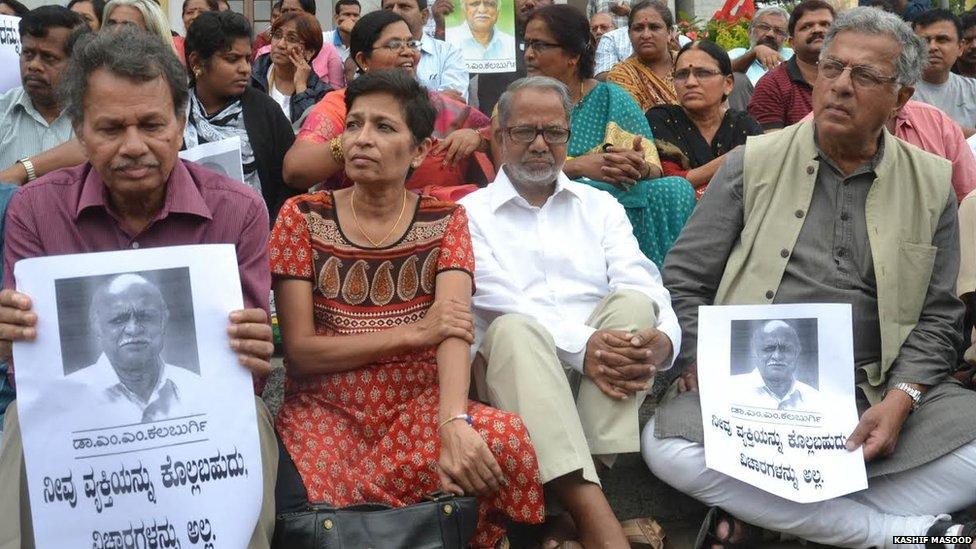 Senior artistes and writers of Karnataka, Girish Karnad, Baragur Ramachandrappa and others gathered for the condolence meet on the death of MM Kalburgi at Town Hall, former vice chancellor of the Hampi University, professor MM Kalburgi, who was shot dead at his residence in Dharwad by an unidentified gunman, on Sunday 30th August 2015