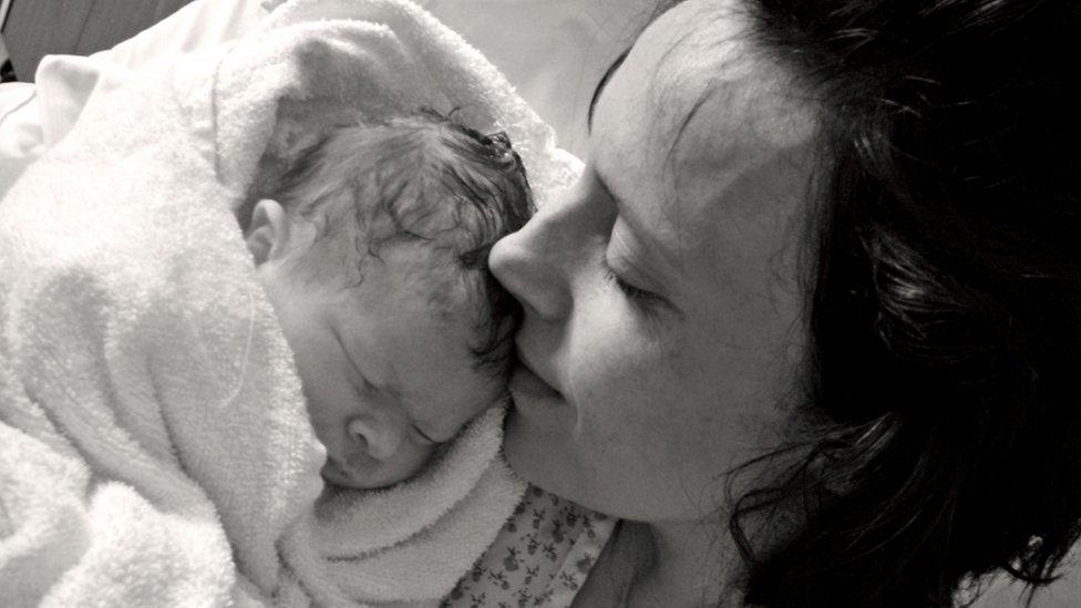 Rhiannon Davies pictured with her daughter Kate just moments after her birth