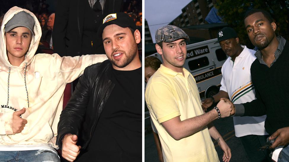 Scooter Braun with Justin Bieber (L) and Kanye West