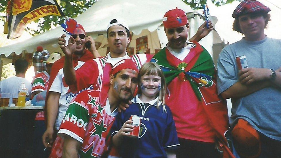 Eight-year-old CJ with Moroccan fans during the 1998 World Cup in France