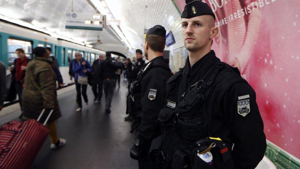 French police patrol railway station in Paris. 19 Nov 2015