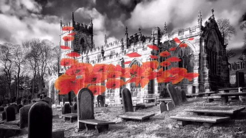 Artist's impression of floating red poppies on St Nicholas Church, High Bradfield