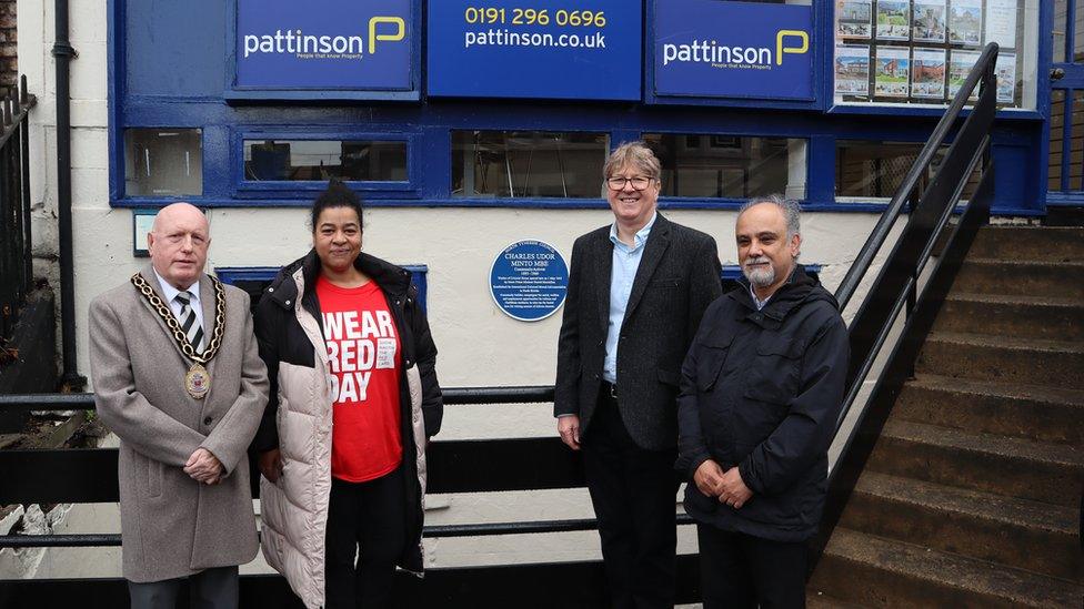 From left to right - Cllr Brian Burdis, Chair of North Tyneside Council, Justine King, Show Racism The Red Card, David Young from North Shields Heritology Project and Siamak Zolfaghari, North Shields Library