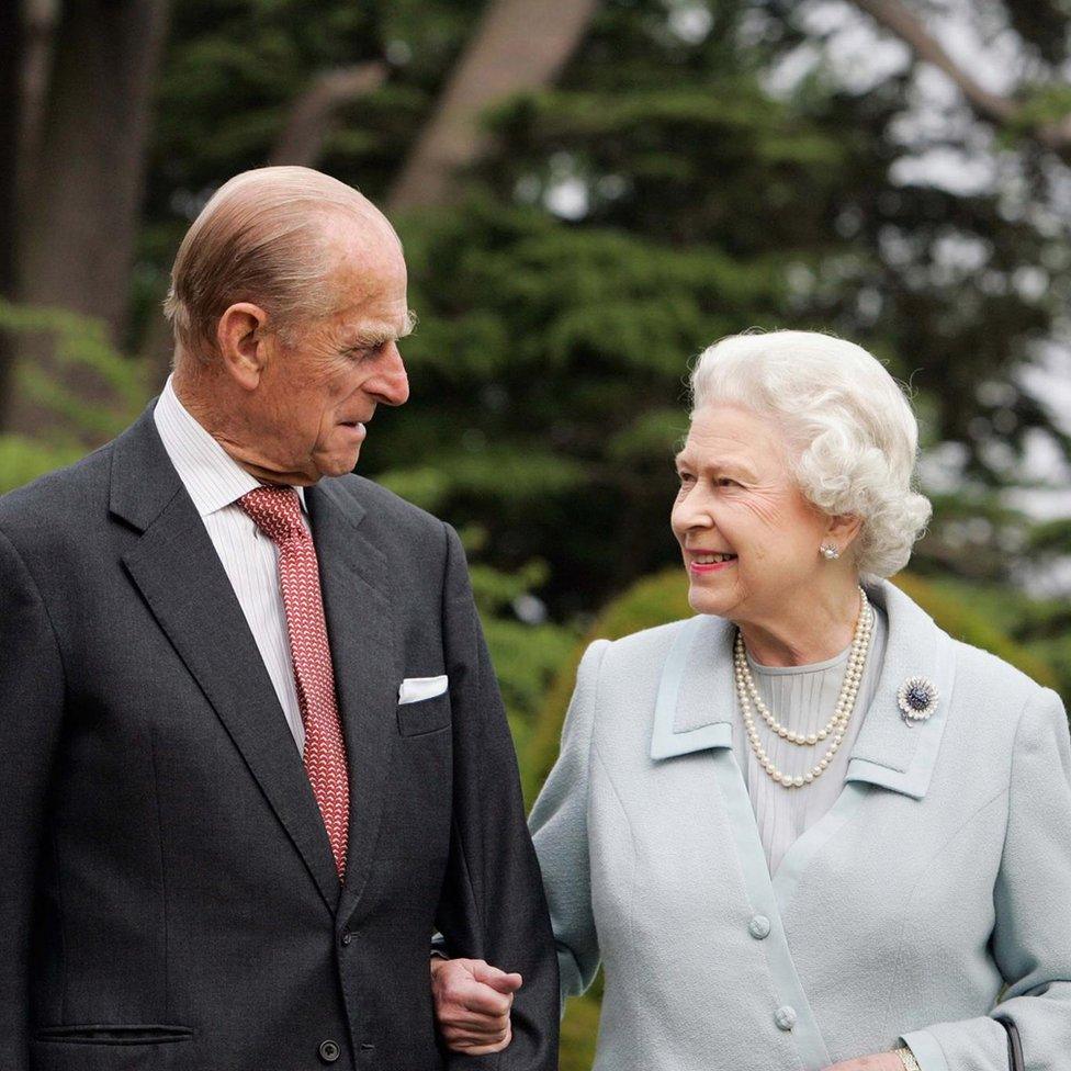 Queen Elizabeth II and the Duke of Edinburgh revisiting Broadlands in Hampshire, where they spent their wedding night in November 1947, to mark their diamond wedding anniversary