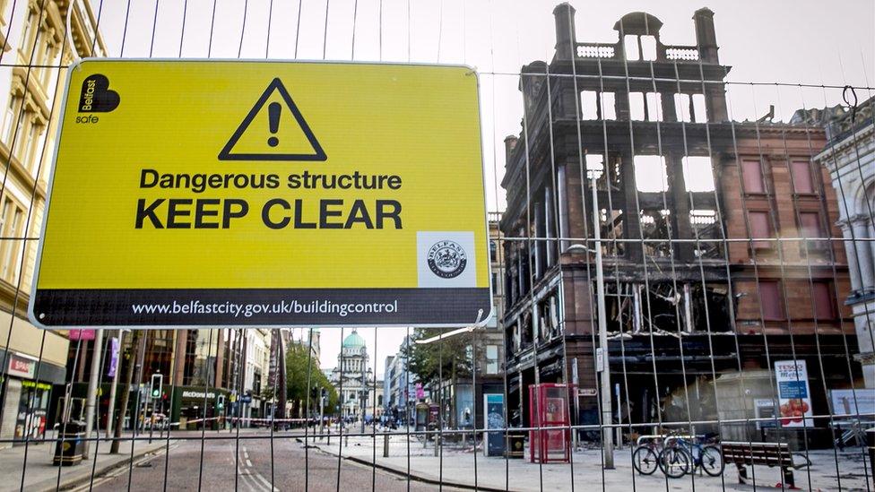 A sign near Bank Buildings that reads: Dangerous structure - keep clear