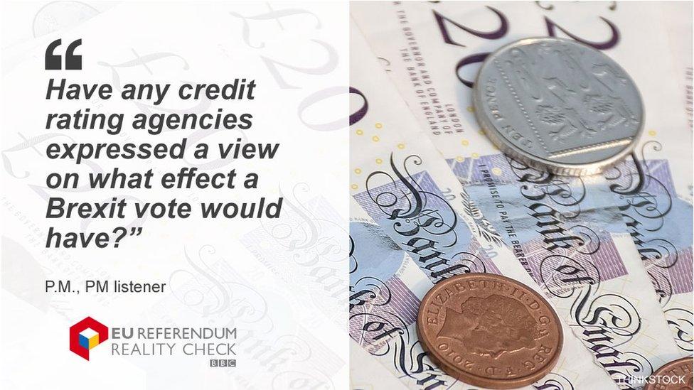 P.M. asking: "Have any credit rating agencies expressed a view on what effect a Brexit vote would have?"