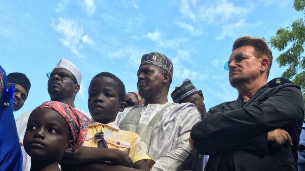 Nigeria’s richest man, the businessman Aliko Dangote, along with the Irish rock star Bono visited camps where some of the 2.5 million displaced by the fighting are now sheltering on 28 August 2016