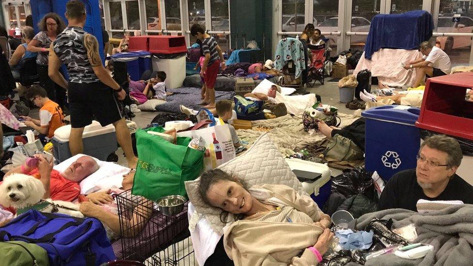 Residents take shelter inside the Germain Arena in Estero, Florida, on 9 September 2017