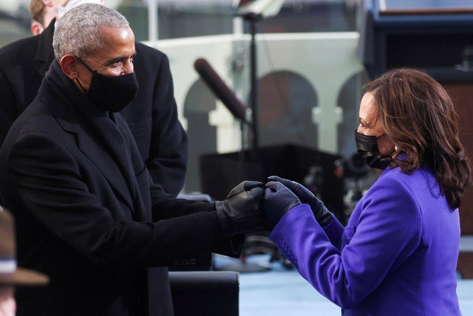 U.S. Vice President-elect Kamala Harris greets former President Barack Obama ahead of the inauguration of Joe Biden as the 46th President of the United States on the West Front of the U.S. Capitol in Washington, 20 January 2021.