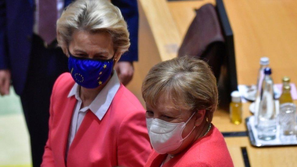 German Chancellor Angela Merkel speaks with European Commission President Ursula von der Leyen