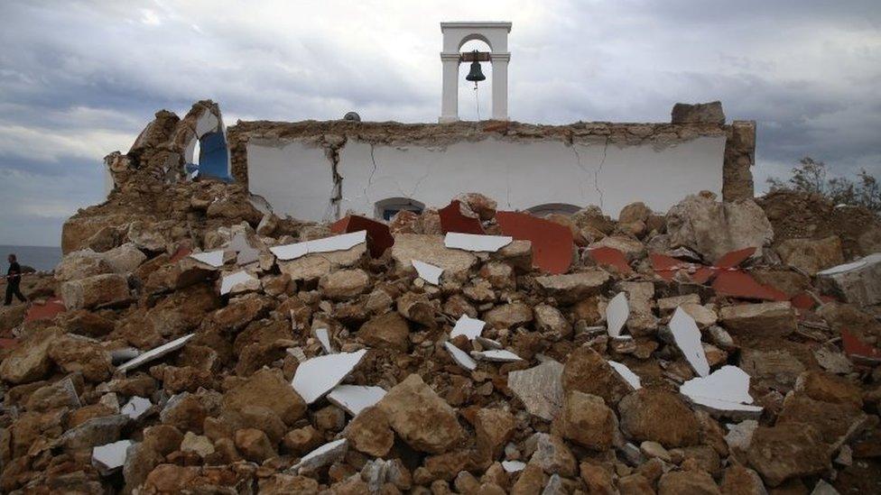 A destroyed chapel in the village of Xerokampos, Crete, Greece. Photo: 12 October 2021