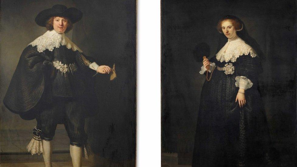 Portrait of Maerten Soolmans (L) (1634) and Portrait of Oopjen Coppit (1634) (R) by Dutch painter Rembrandt