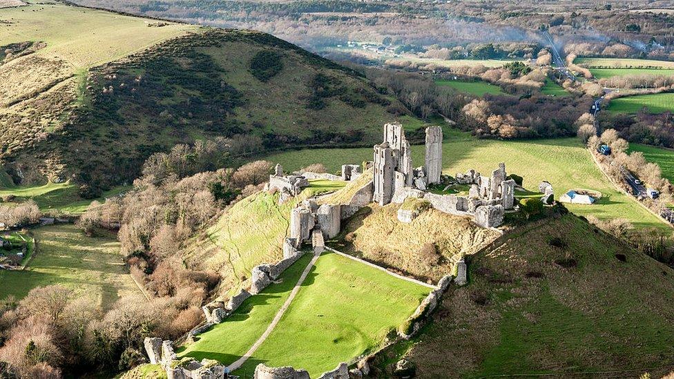 aerial view of Corfe Castle