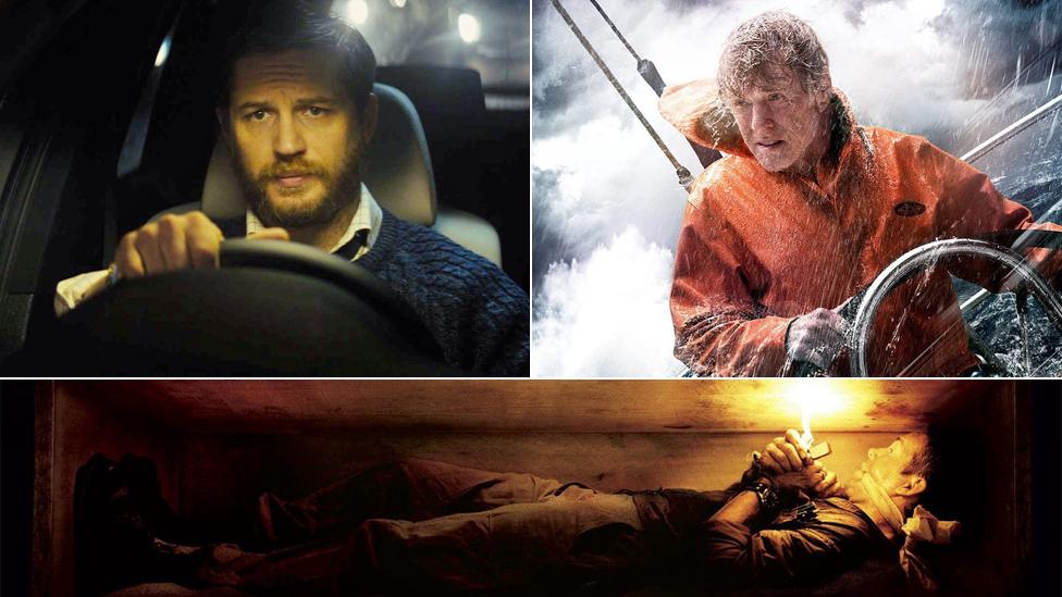 Tom Hardy in Locke (top left), Robert Redford in All Is Lost (top right) and Ryan Reynolds in Buried