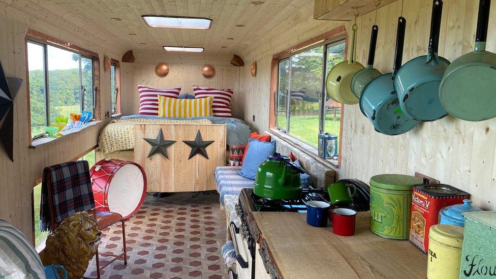 Inside of an old circus wagon