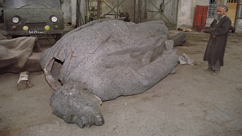 Demolished Lenin statue, Dushanbe, Tajikistan, 1991